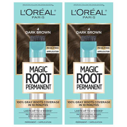 L'Oreal Paris Magic Root Permanent Hair Color Kit, 100% Gray Hair Coverage In Just 10 Minutes, Precision Brush Applicator for Seamless Application, 4 Dark Brown (2 Count)