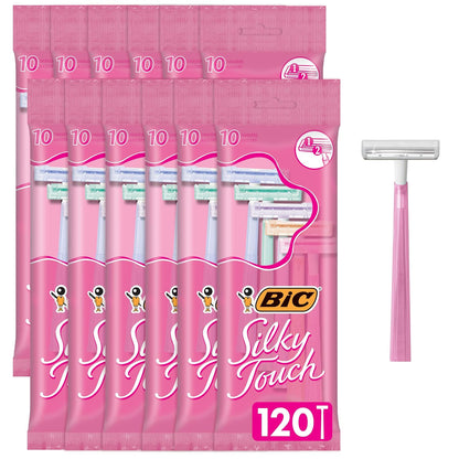 BIC Silky Touch Women's Disposable Razors, With 2 Blades, Pretty Pastel Razor Handles, 10 Count Pack of Shaving Razors