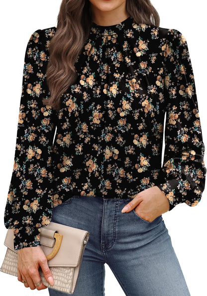 WIHOLL Long Sleeve Shirts for Women Mock Neck Tops Pleated Front Blouses Dressy Casual Spring Fall Clothes 2026 Fashion