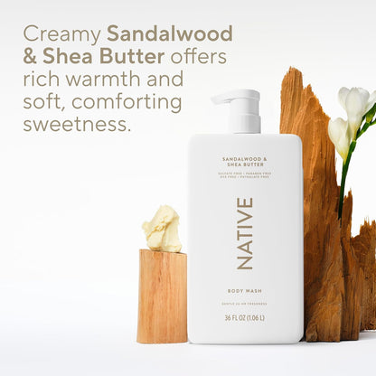 Native Clean Body Wash, Gentle & pH-balanced for Sensitive Skin, 24-Hr Freshness for Women & Men, Vegan & Cruelty-Free, Free of Sulfates, Parabens & Phthalates, Sandalwood & Shea Butter, 36 oz