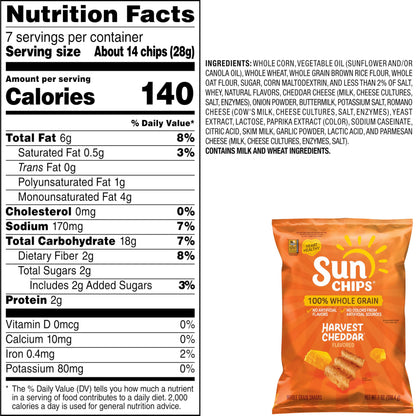 SunChips 100% Whole Grain Chips, Variety Pack, 1 oz Bags, Pack of 40, No Artificial Flavors, Colors