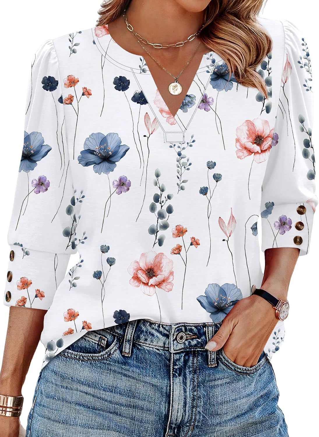 WIHOLL 3/4 Length Sleeve Womens Tops with Button Cuffs Dressy Casual V Neck Summer Outfits Early Fall Fashion Spring Clothes