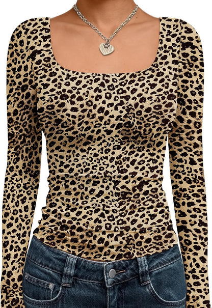 Trendy Queen Womens Square Neck Long Sleeve Shirts Double Lined Fall Tops