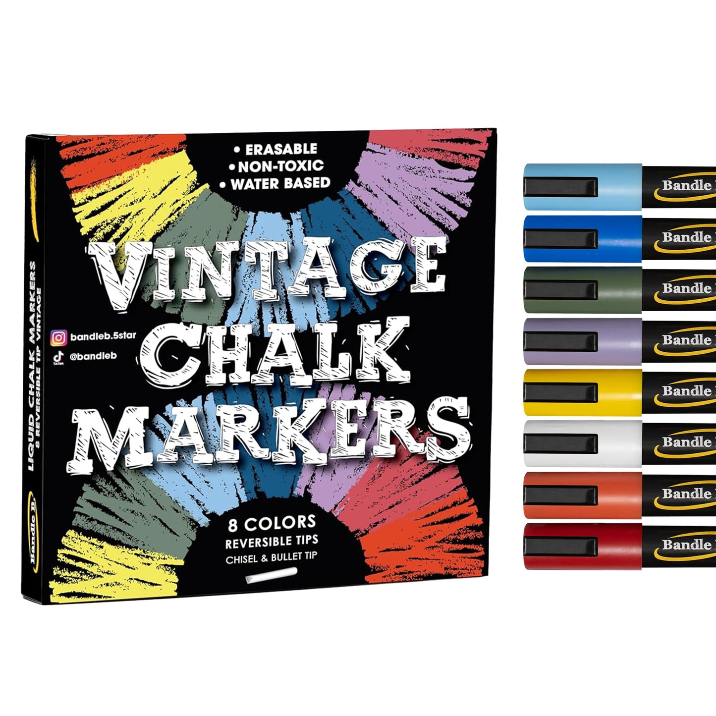 Bandle B. Chalk Markers - 8 Vibrant, Erasable, Non-Toxic, Water-Based, Reversible Tips. For Glass or Chalkboard Markers for Businesses, Restaurants, Liquid Drawing Chalk (Vibrant 6mm)