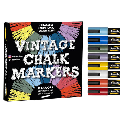 Bandle B. Chalk Markers - 8 Vibrant, Erasable, Non-Toxic, Water-Based, Reversible Tips. For Glass or Chalkboard Markers for Businesses, Restaurants, Liquid Drawing Chalk (Vibrant 6mm)