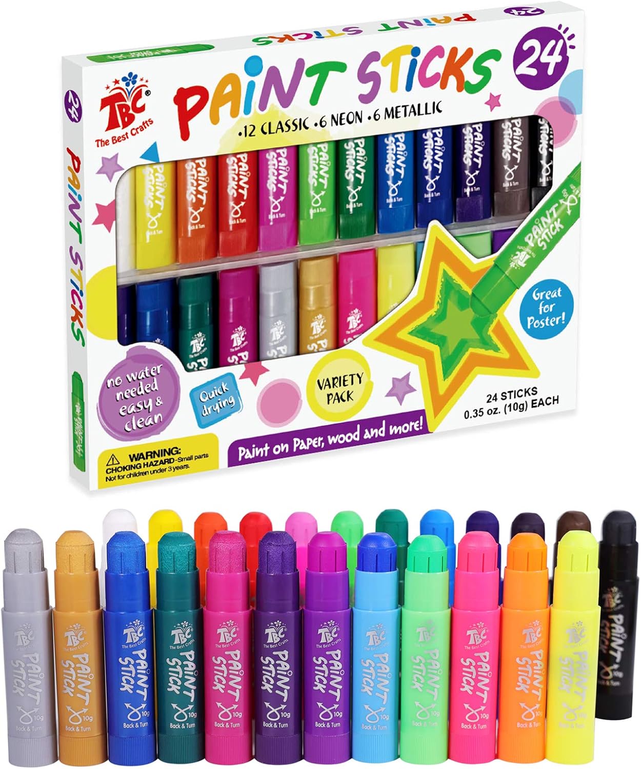 TBC The Best Crafts Paint Sticks for Kids Ages 2-8, 12 Classic Colors