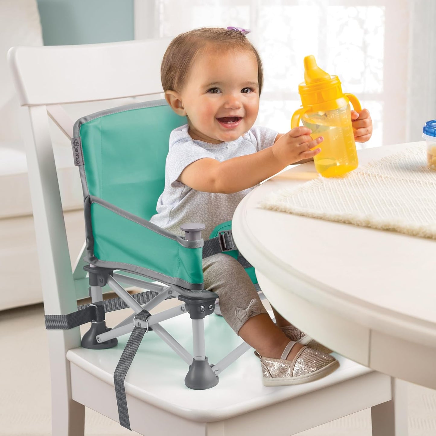 Bright Starts Pop 'N Sit Portable Booster, Indoor/Outdoor Use, Floor Seat with Feeding Tray, Teal, 6 Mos - 3 Yrs