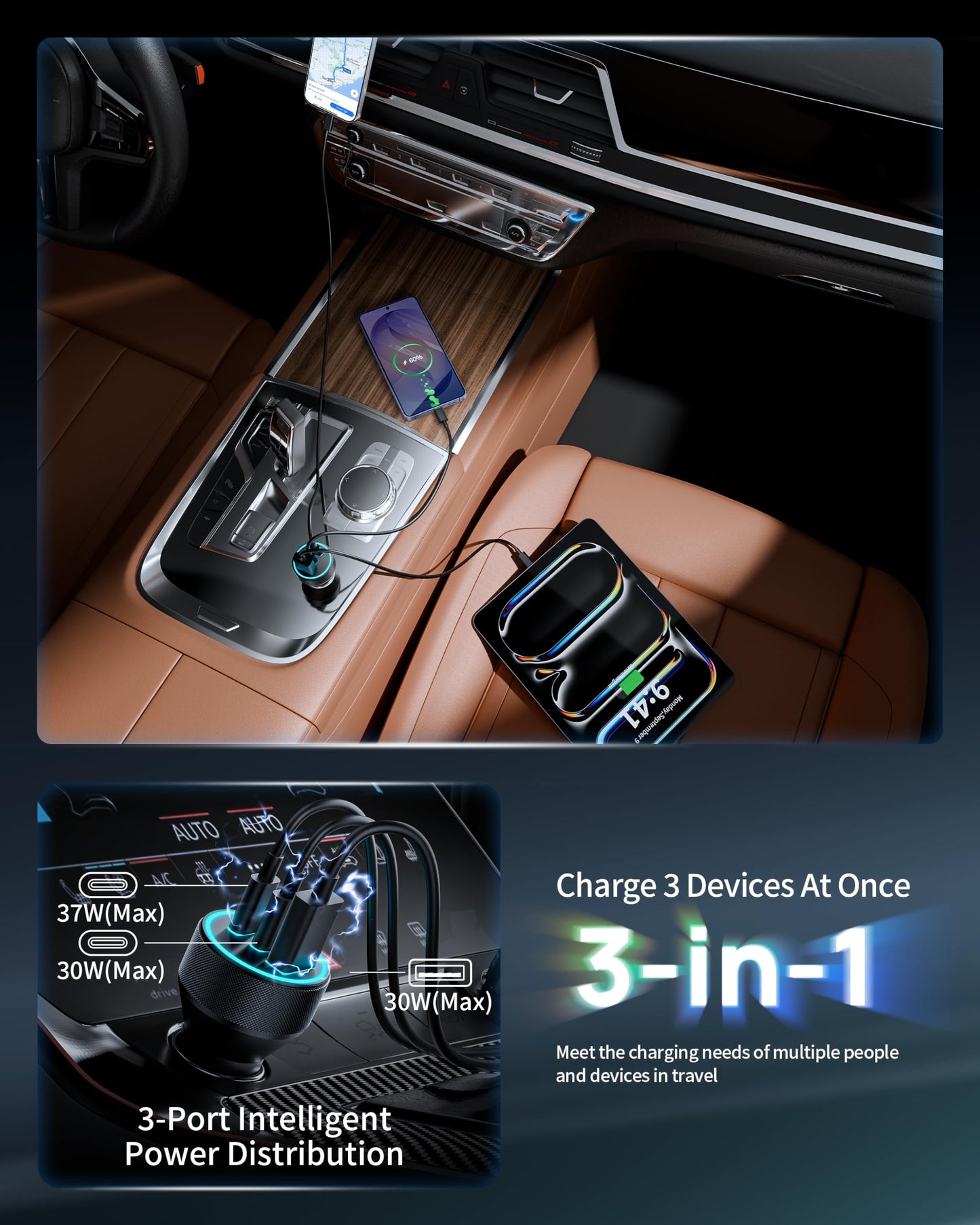 67W 3-Port Super Fast Type C Car Charger USB C for Samsung S26 S25 S24 S23
