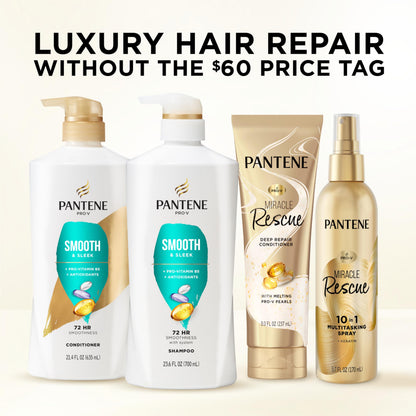 Pantene Shampoo & Conditioner Set, Daily Moisture Renewal - Pro-V Nutrients for Dry, Color-Treated, Straight to Curly Hair, 72-Hour Hydration & Softness, 52.8 Oz Total + Miracle Rescue Shot (0.5 Oz)