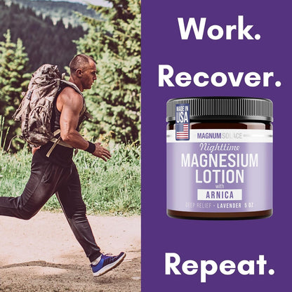 Magnum Solace Nighttime Magnesium Lotion with Arnica – Highly Concentrated Magnesium for Muscles & Joints – Apply to Legs or Feet Before Bed – Skin-Friendly