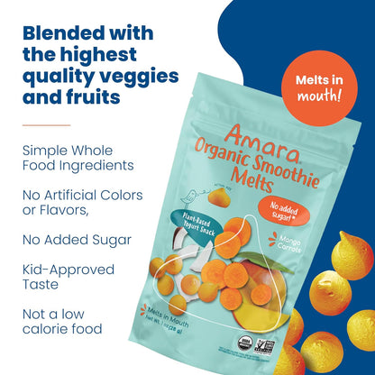 Amara Smoothie Melts - Mango Carrot - Organic Baby Snacks w/ Fruits & Veggies - Plant Based Yogurt Melts - Healthy Toddler Snack - Activity Book Included - Enjoy From 10+ Mos - 6 Resealable Bags