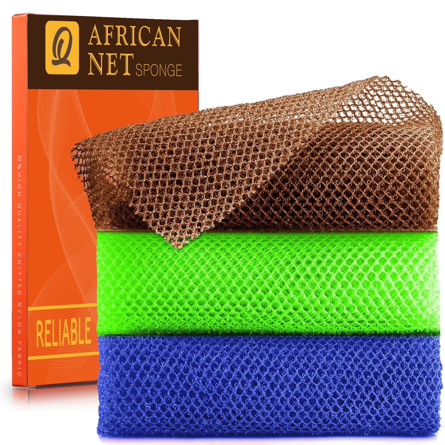 UJFQBH African Net Sponge Authenti, Exfoliating Body Scrubber for Back and Hard to Reach Areas, Gentle Daily Exfoliation for Deep Cleansing, Quick Drying Shower Essential, Aqua Grey 3 Pack