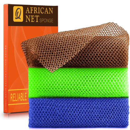 UJFQBH African Net Sponge Authenti, Exfoliating Body Scrubber for Back and Hard to Reach Areas, Gentle Daily Exfoliation for Deep Cleansing, Quick Drying Shower Essential, Aqua Grey 3 Pack
