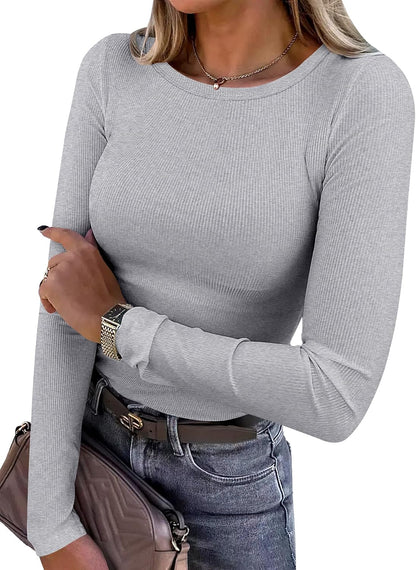 ANRABESS Women Long Sleeve Shirts Ribbed Fitted Tops