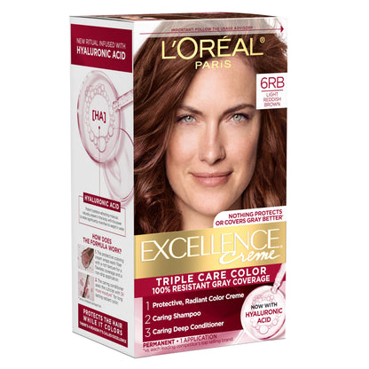 L'Oreal Paris Excellence Crème Permanent Hair Dye, Triple Care Hair Color with Hyaluronic Acid for 100% Gray Coverage, 4 Dark Brown, 1 Kit (Packaging May Vary)