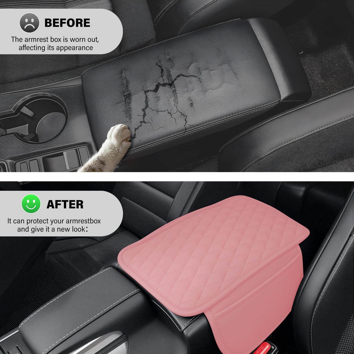 Amiss Car Center Console Cover, Upgraded Leather Car Armrest Cushion with 2 Storage Pockets, Universal Waterproof Cushion Pad, Non-Slip Car Interior Accessories, Fits Most Sedans SUVs Trucks (Black)
