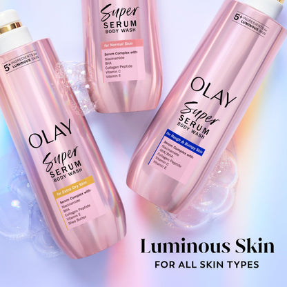 Olay Super Serum Body Wash for Extra Dry Skin, 24hr Long Lasting Rich Hydration, 5+ Ingredient Complex for Bright, Even, Firm, & Luminous Skin, with Collagen Peptide, Vitamin C & Shea Butter, 20 fl oz