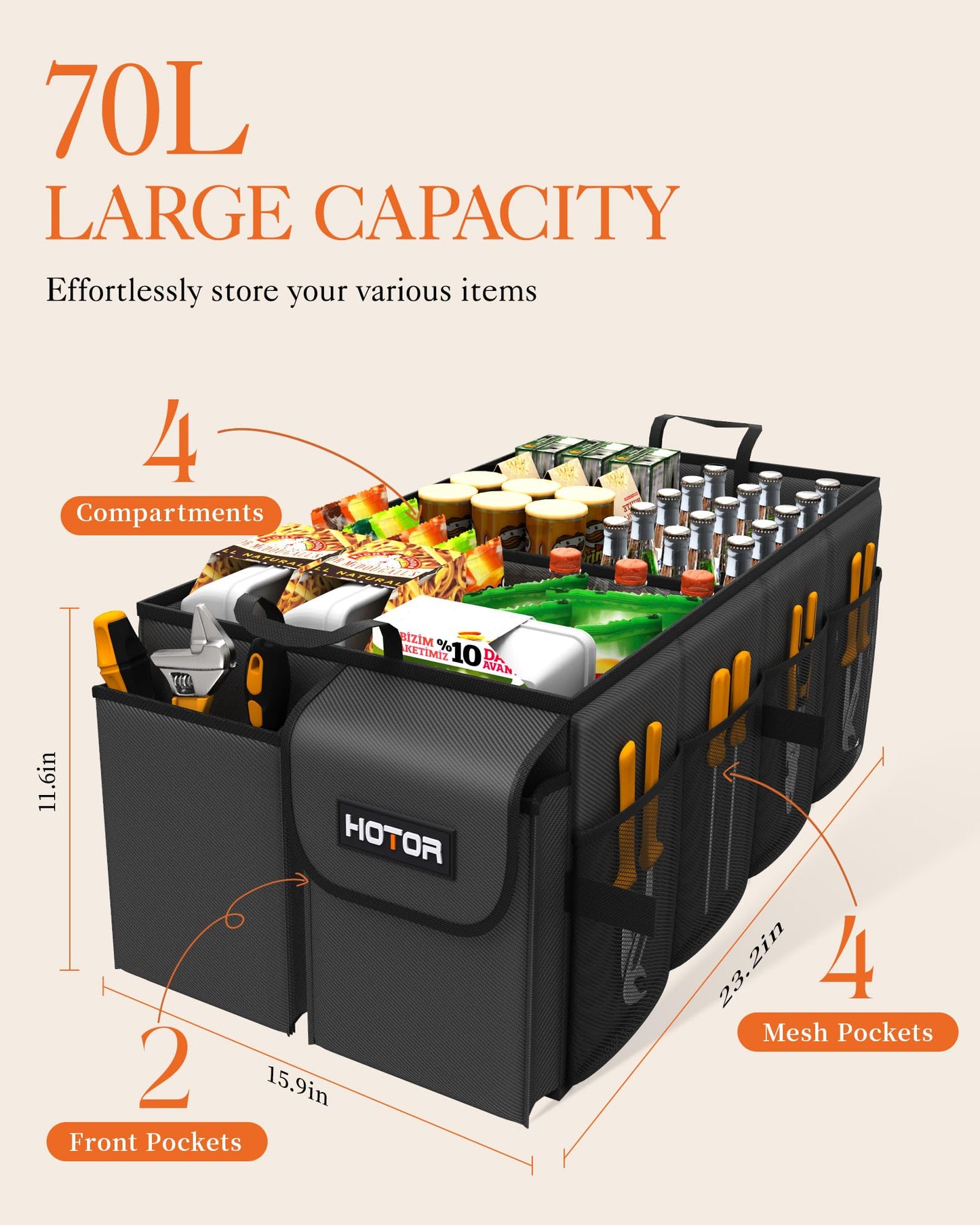HOTOR Trunk Organizer - Foldable Car Organizer for SUVs & Sedans Storage