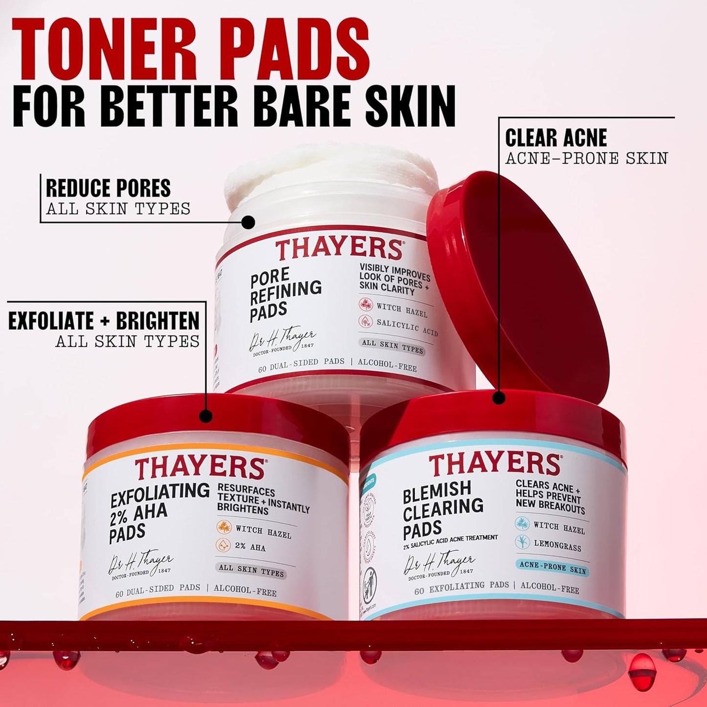 Thayers Blemish Clearing Acne Pads, Salicylic Acid Acne Treatment for Face, Pore Reducing, Exfoliating, and Soothing Skincare, Witch Hazel Toner Pads, 60 Ct