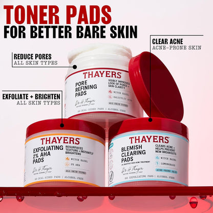 Thayers Blemish Clearing Acne Pads, Salicylic Acid Acne Treatment for Face, Pore Reducing, Exfoliating, and Soothing Skincare, Witch Hazel Toner Pads, 60 Ct