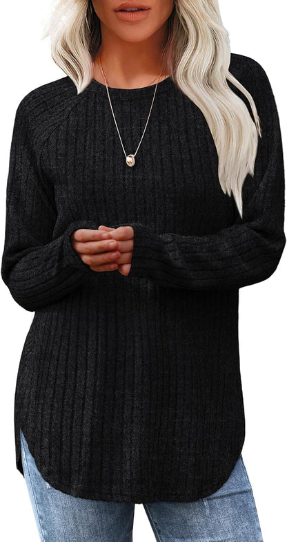 Saloogoe Long Sleeve Shirts for Women 2026 Fall Clothes Tunic Tops Loose Fit Dressy Crewneck Pullover Sweaters Curved Hem