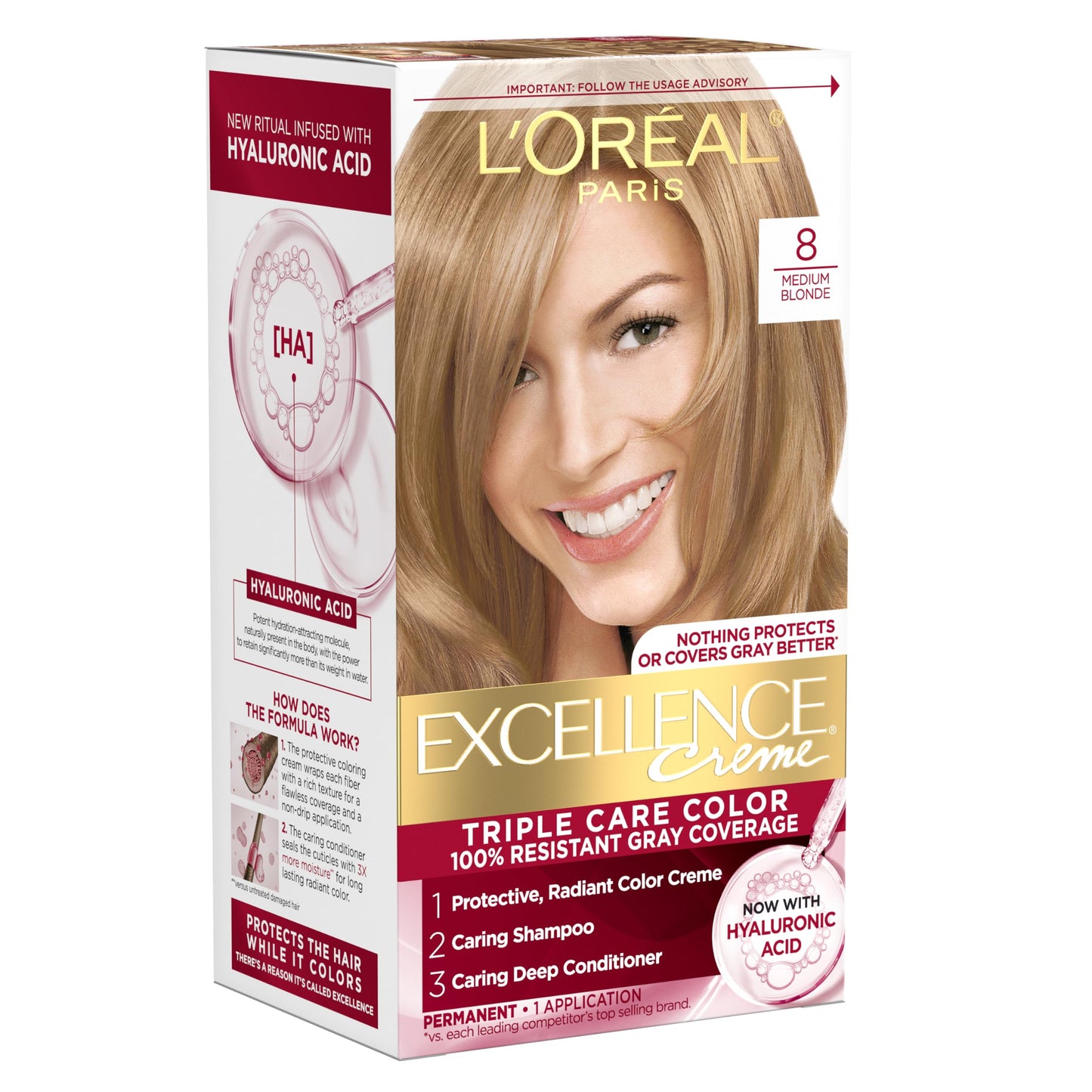 L'Oreal Paris Excellence Crème Permanent Hair Dye, Triple Care Hair Color with Hyaluronic Acid for 100% Gray Coverage, 4 Dark Brown, 1 Kit (Packaging May Vary)