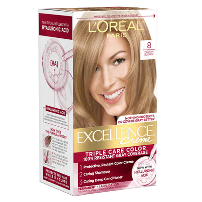 L'Oreal Paris Excellence Crème Permanent Hair Dye, Triple Care Hair Color with Hyaluronic Acid for 100% Gray Coverage, 4 Dark Brown, 1 Kit (Packaging May Vary)