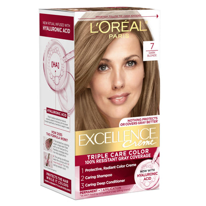 L'Oreal Paris Excellence Crème Permanent Hair Dye, Triple Care Hair Color with Hyaluronic Acid for 100% Gray Coverage, 4 Dark Brown, 1 Kit (Packaging May Vary)