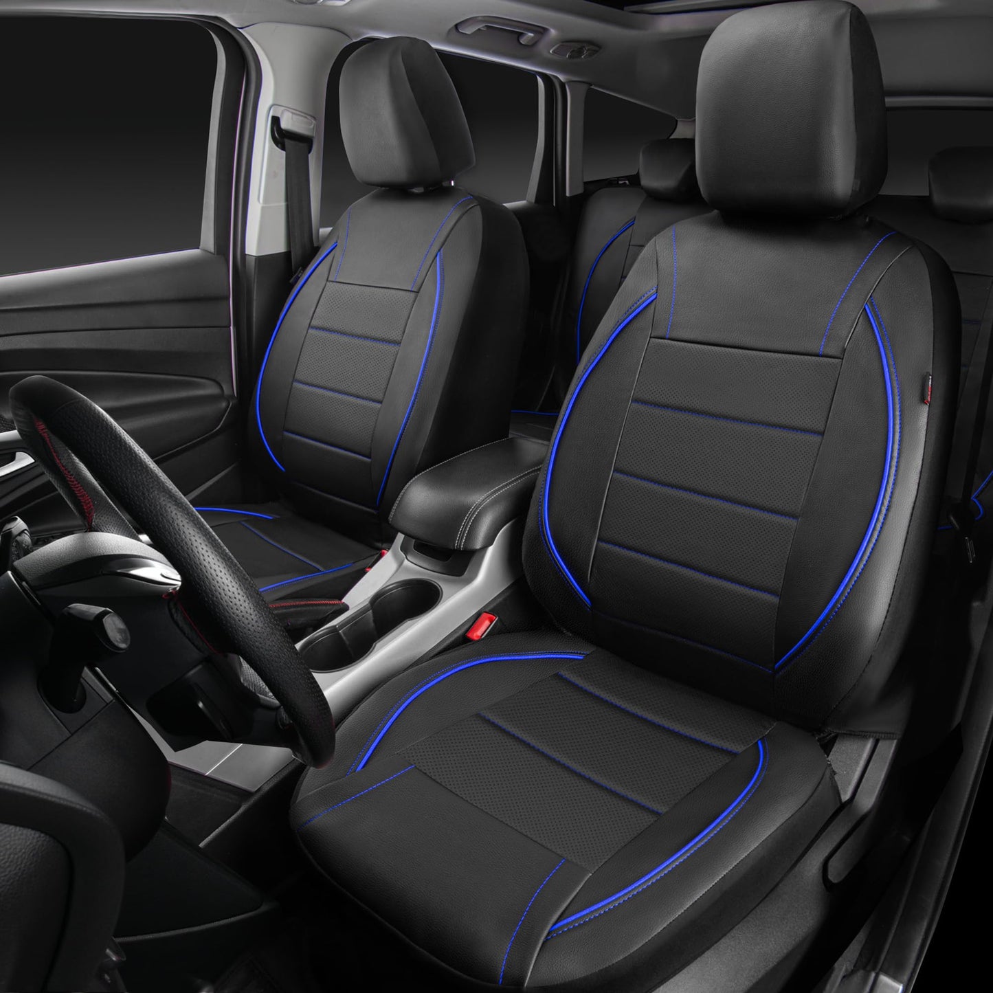 CAR PASS Universal FIT Piping Leather Car Seat Cover, for suvs,Van,Trucks,Airbag Compatible,Inside Zipper Design and Reserved Opening Holes (Full Set, Black and Red)
