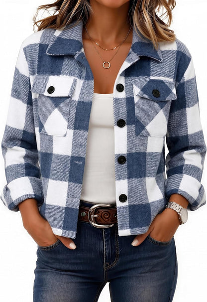 Zeagoo Flannels for Women Cropped Shacket Jacket Fashion Plaid Fall Coat