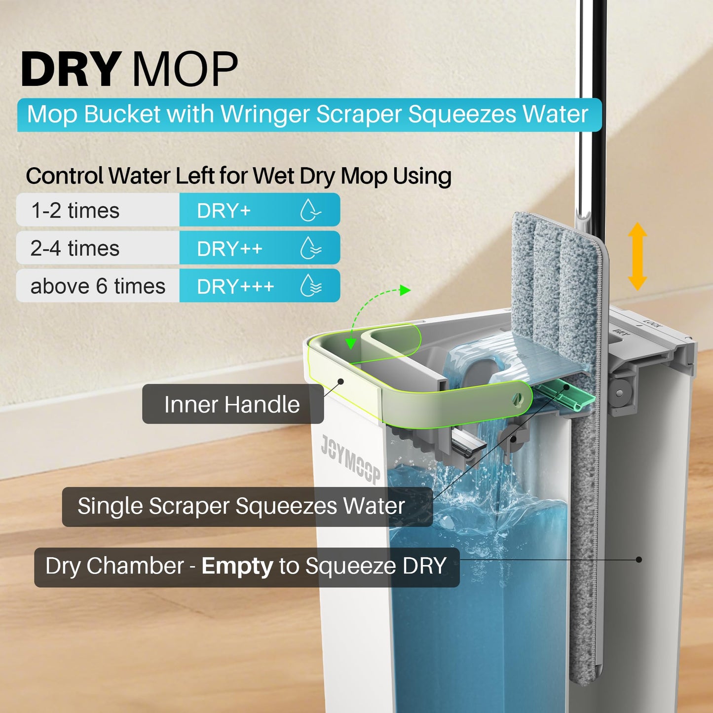 JOYMOOP Wall Mop and Bucket Set, Hands-Free Flat Floor Mop with 3 Washable Microfiber Pads, Wet and Dry Use, Ideal for Home and Commercial Floor Cleaning