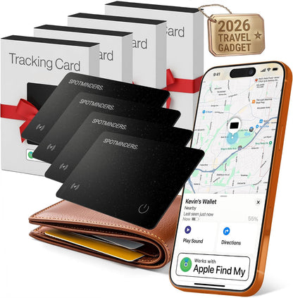 SPOTMINDERS Apple MFi Certified Wallet Tracking Card Black 4-Pack Travel Gifts for Him Works with Apple Find My Rechargeable Tracker IP68 Waterproof 0.07" Slim iPhone Item Finder for Luggage Passport