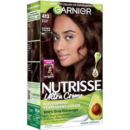 Garnier Nutrisse Ultra Crème Hair Color, Permanent Hair Dye with 100% Gray Coverage, Vegan & Cruelty-Free, 33 Darkest Golden Brown (Caramel Fudge), 1 Count