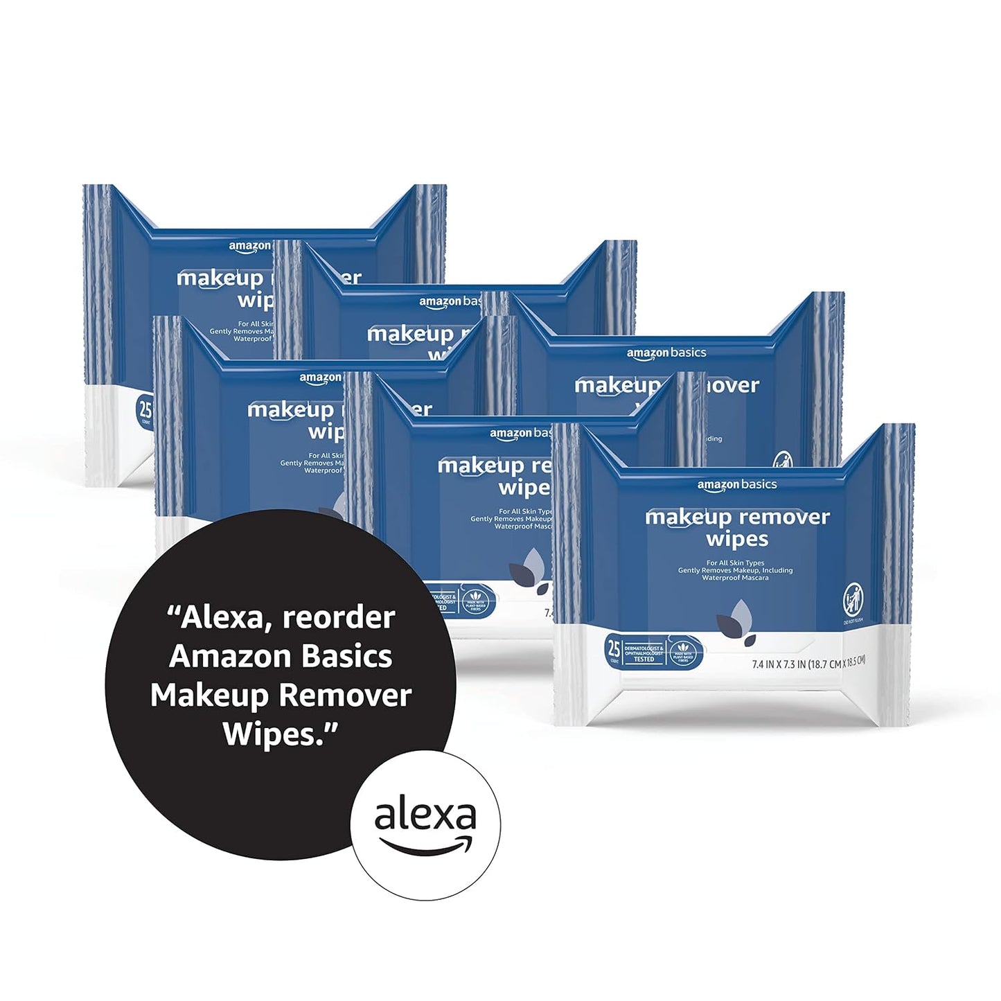 Amazon Basics Makeup Remover Wipes, Fragrance-Free, Alcohol-Free, Gentle Cleansing, Plant-Based, Dermatologist Tested, Removes Waterproof Mascara, Resealable, 25 Count, 1-Pack