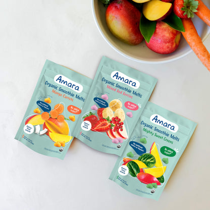 Amara Smoothie Melts - Mango Carrot - Organic Baby Snacks w/ Fruits & Veggies - Plant Based Yogurt Melts - Healthy Toddler Snack - Activity Book Included - Enjoy From 10+ Mos - 6 Resealable Bags