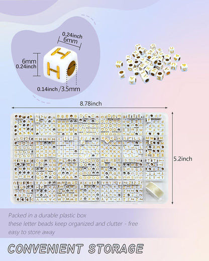 Looconi 810pcs Gold Letter Beads Square 6x6mm White Cube Acrylic Alphabet A-Z with Heart Pattern and Crystal Line for Jewelry Making