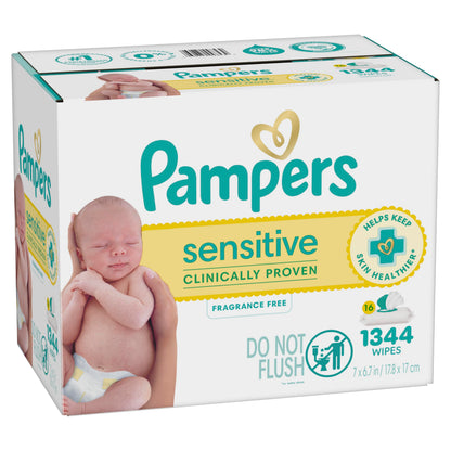 Pampers Sensitive Baby Wipes, Clinically Proven, Fragrance Free, Unscented, Water Based, Hypoallergenic, Multi-Use, Hand Wipes 1008 Wipes Total (18X Flip-Top Packs) [Packaging May Vary]