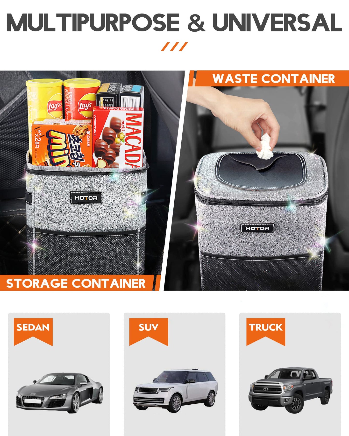 HOTOR Car Trash Can, Leakproof Car Organizer, 2-Gallon, Black