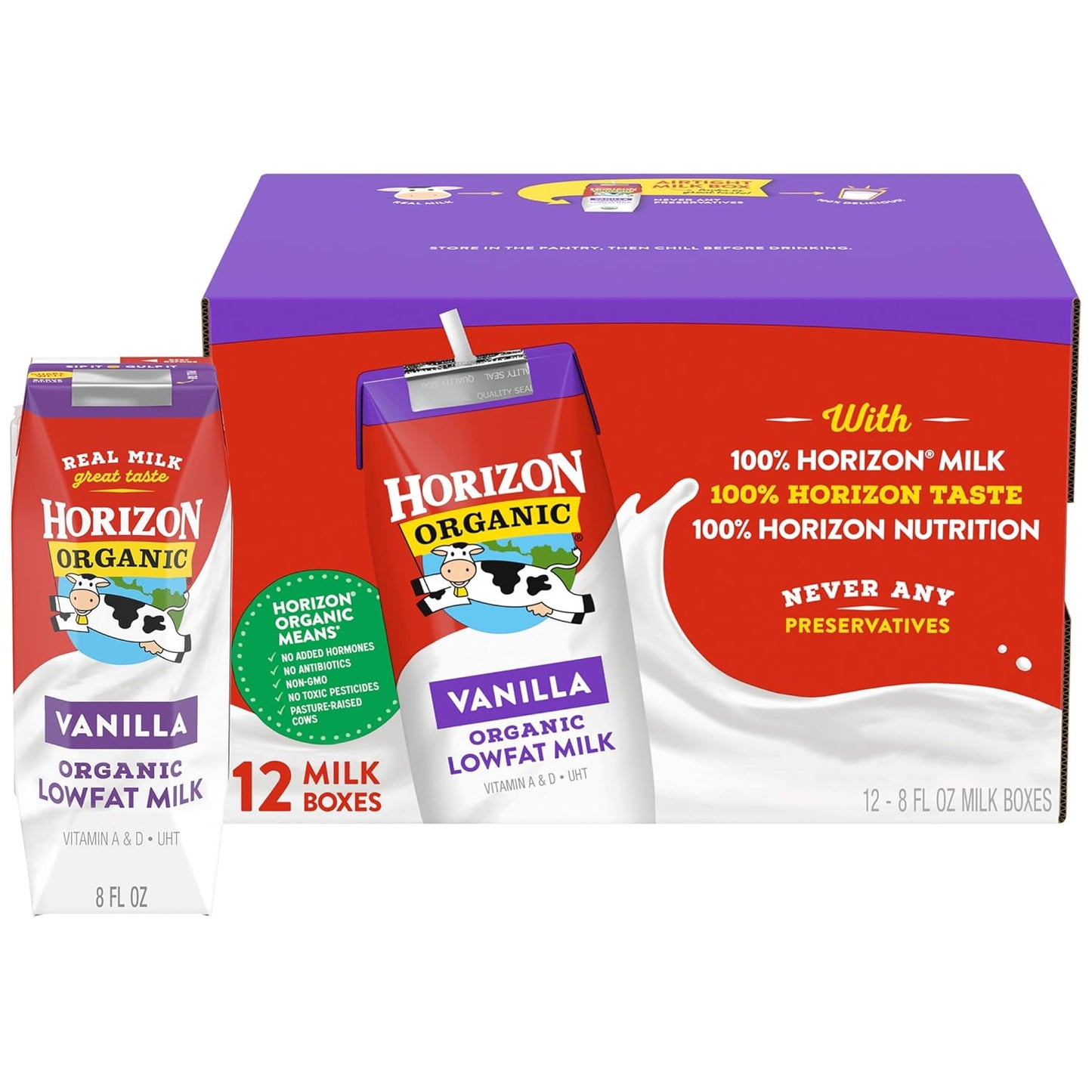 Horizon Organic Shelf Stable Whole Milk Boxes, Pack of 18-8g Protein per Serving