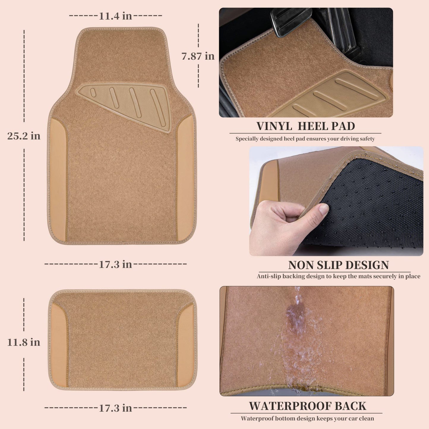 CAR PASS Waterproof Universal Fit Car Floor Mats, Faux Leather Car Carpet Mats, Black Car Mats with Anti-Slip Nibbs Backing & Driver Heel Pad Fit for SUV,Vans,sedans, Trucks,Set of 4pcs(All Black)