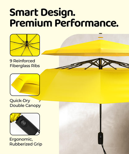 Windproof Travel Umbrella - Compact & Withstands Winds up to 100MPH, Strongest Premium Auto Folding Umbrella for Rain and Sun - Durable, Light & Portable for Women & Men, Fits Backpack & Cars