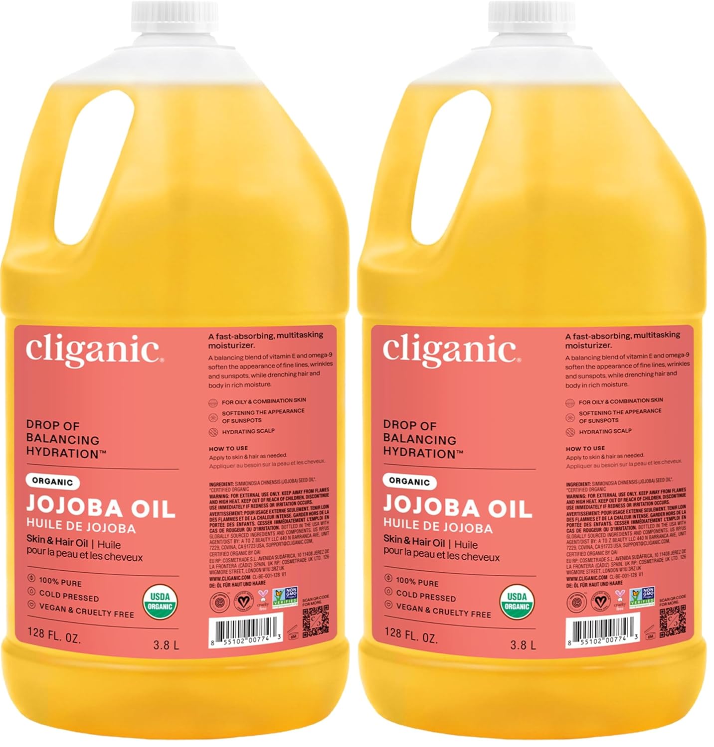 Cliganic Organic Jojoba Oil, 100% Pure Cold Pressed for Face & Hair, 4oz