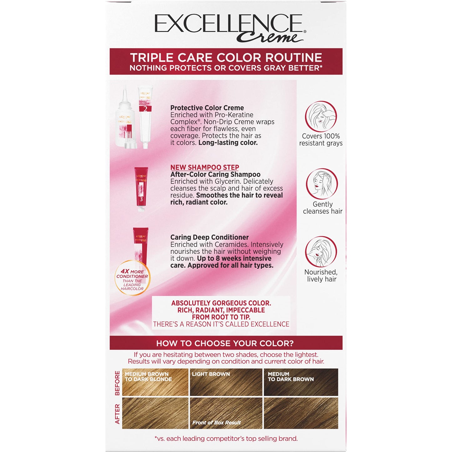 L'Oreal Paris Excellence Crème Permanent Hair Dye, Triple Care Hair Color with Hyaluronic Acid for 100% Gray Coverage, 4 Dark Brown, 1 Kit (Packaging May Vary)