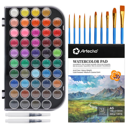 Artecho 48 Colors Watercolor Paint Set, 3 Brushes