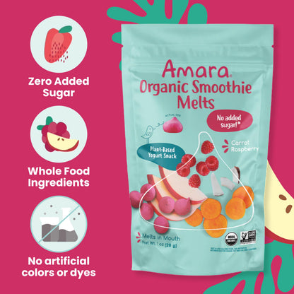 Amara Smoothie Melts - Mango Carrot - Organic Baby Snacks w/ Fruits & Veggies - Plant Based Yogurt Melts - Healthy Toddler Snack - Activity Book Included - Enjoy From 10+ Mos - 6 Resealable Bags