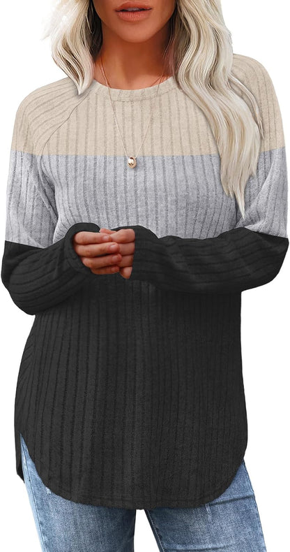 Saloogoe Long Sleeve Shirts for Women 2026 Fall Clothes Tunic Tops Loose Fit Dressy Crewneck Pullover Sweaters Curved Hem