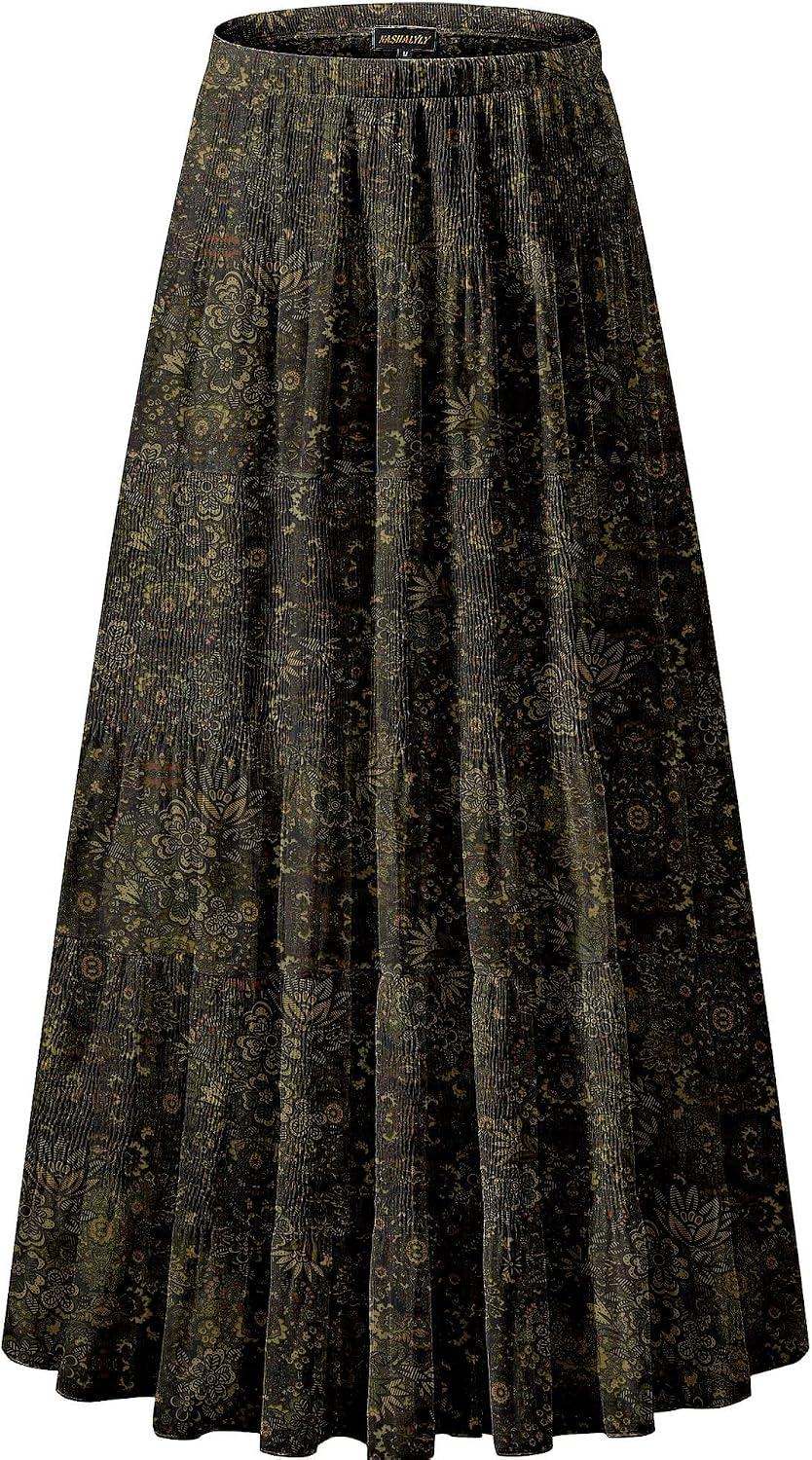 NASHALYLY Women's Chiffon Elastic High Waist Pleated A-Line Maxi Skirts