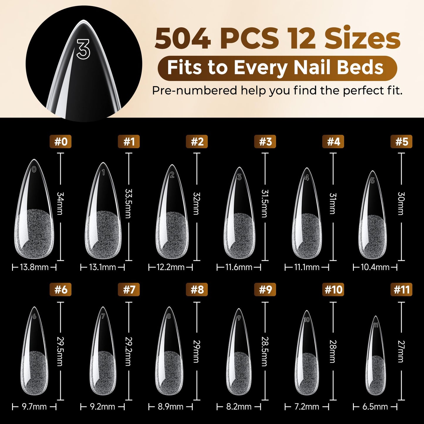 UNA GELLA 504Pcs Medium Pointed Almond Nail Tips, X-Soft Almond Gel Nails