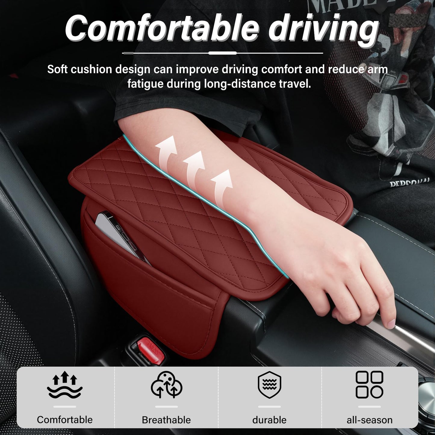Amiss Car Center Console Cover, Upgraded Leather Car Armrest Cushion with 2 Storage Pockets, Universal Waterproof Cushion Pad, Non-Slip Car Interior Accessories, Fits Most Sedans SUVs Trucks (Black)