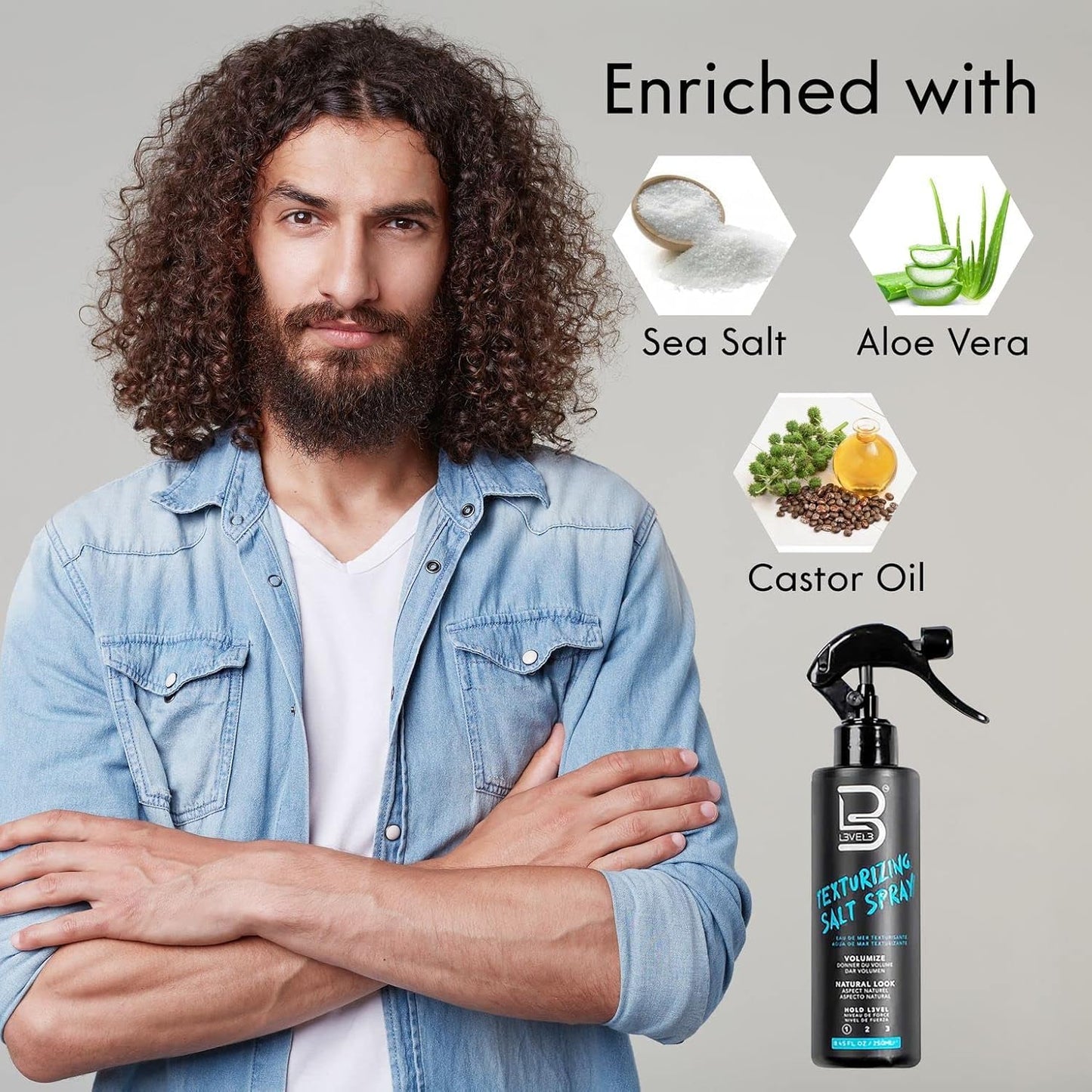 L3 Level 3 Sea Salt Spray for Hair, Texturizing, Beachy Waves, 8.45 fl oz